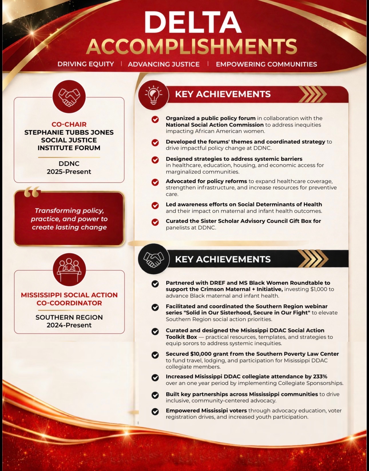 Delta Accomplishments — Co-Chair, Stephanie Tubbs Jones Social Justice Institute Forum and Mississippi Social Action Co-Coordinator